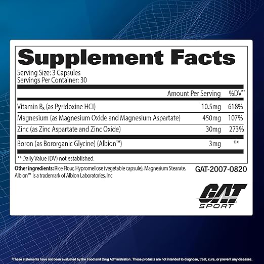 GAT Sport ZMAG-T – Zinc, Magnesium, Vitamin B6 & Boron for Testosterone & Recovery, 90 Veg Capsules