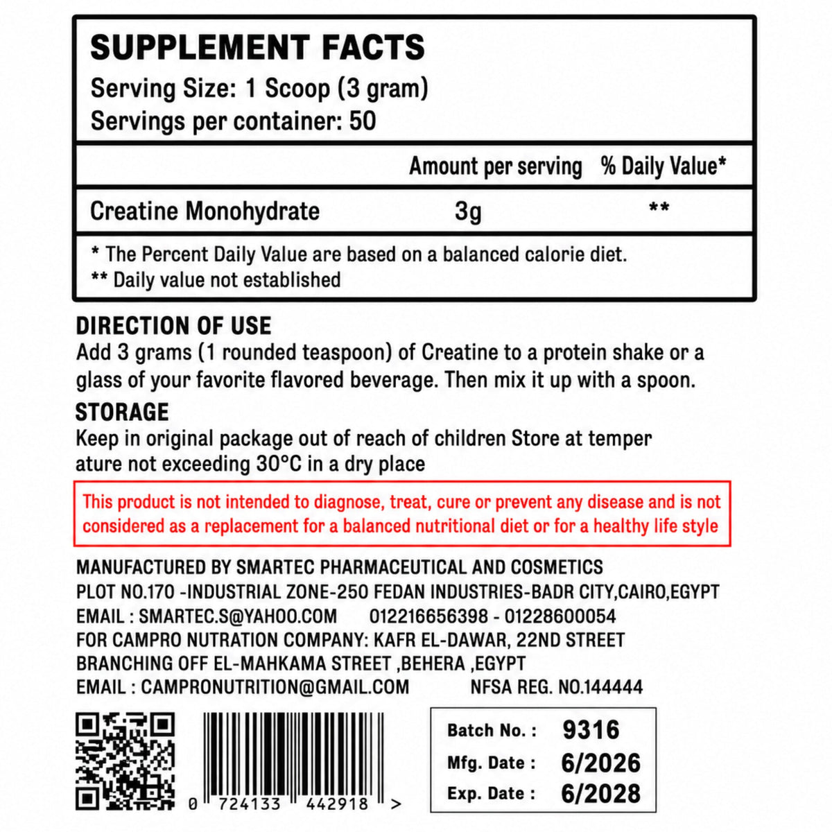 Campro Nutrition Creatine Monohydrate 150g | 100% Pure Micronized Creatine | Strength, Power & Recovery | Unflavored