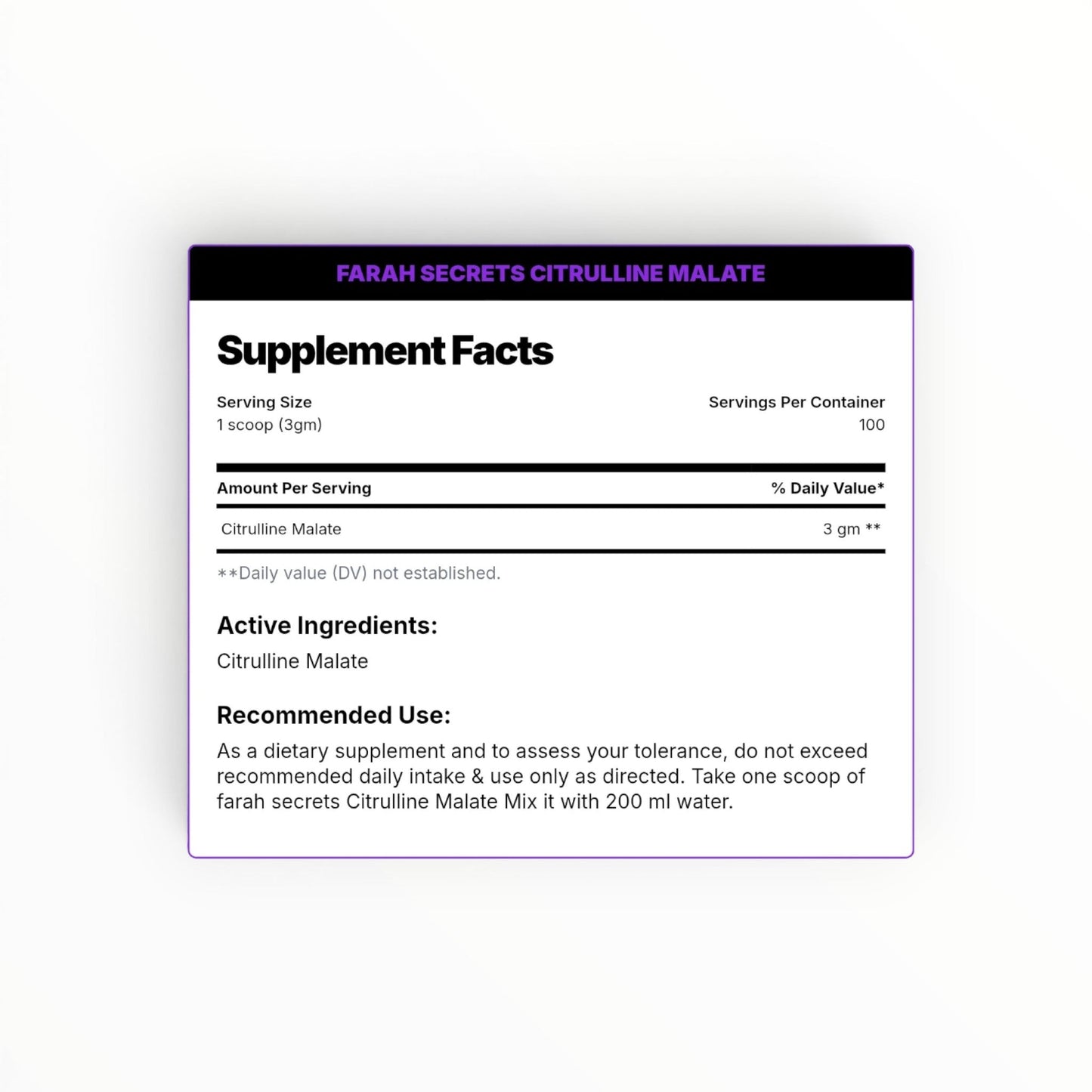 Farah Secrets Citrulline Malate 300g | Unflavored | 100 Servings | Nitric Oxide & Muscle Pump