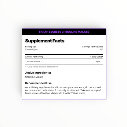 Farah Secrets Citrulline Malate 300g | Unflavored | 100 Servings | Nitric Oxide & Muscle Pump