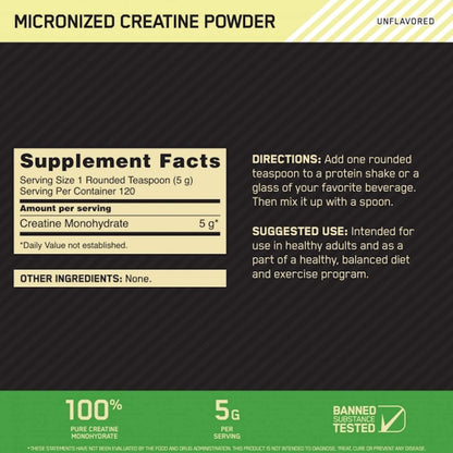 Optimum Nutrition Creatine 600g (120 Servings) | Pure Micronized Creatine for Strength & Power|In Power Fit Supplements Egypt